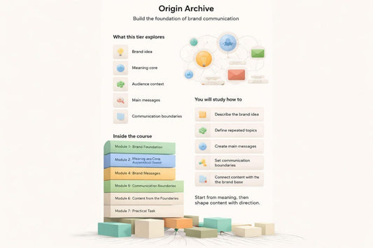 Diagram of a brand communication framework titled 'Origin Archive' on a white background.