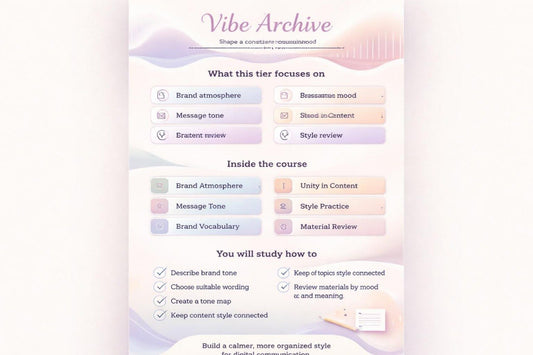 Screenshot of a course outline titled 'Vibe Archive' with sections on brand atmosphere, message tone, and style review.