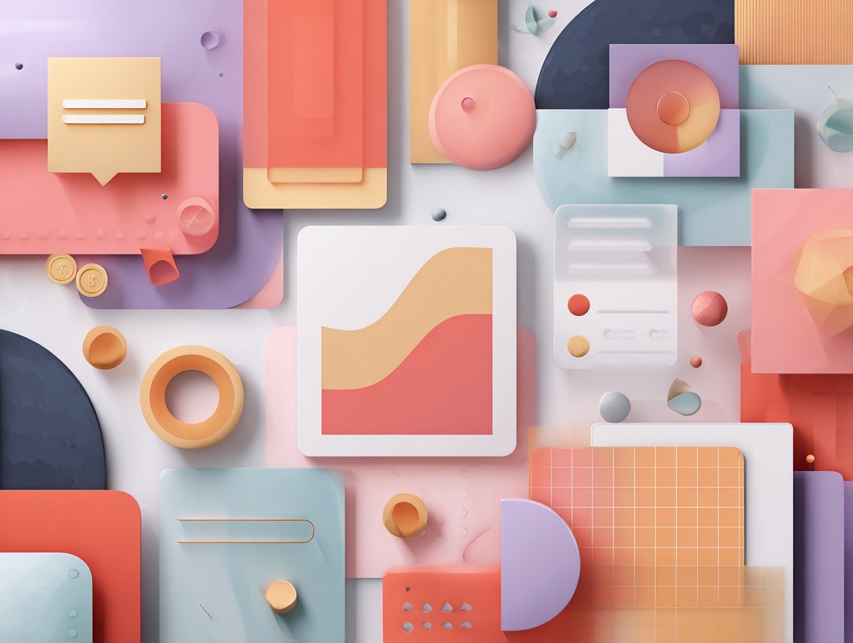 Colorful geometric shapes and patterns on a white background