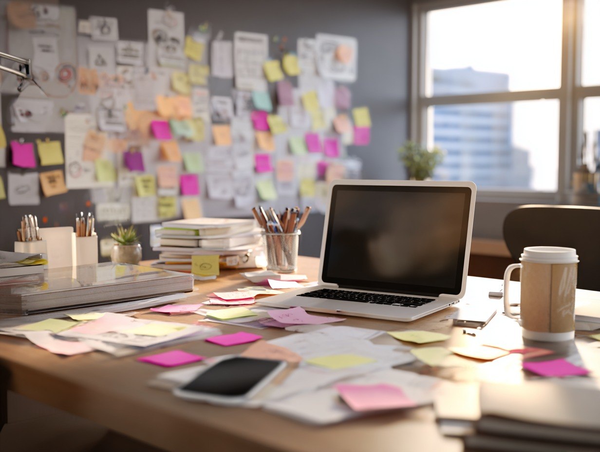 Busy office desk with laptop, coffee, and post-it notes in front of a wall with sticky notes.