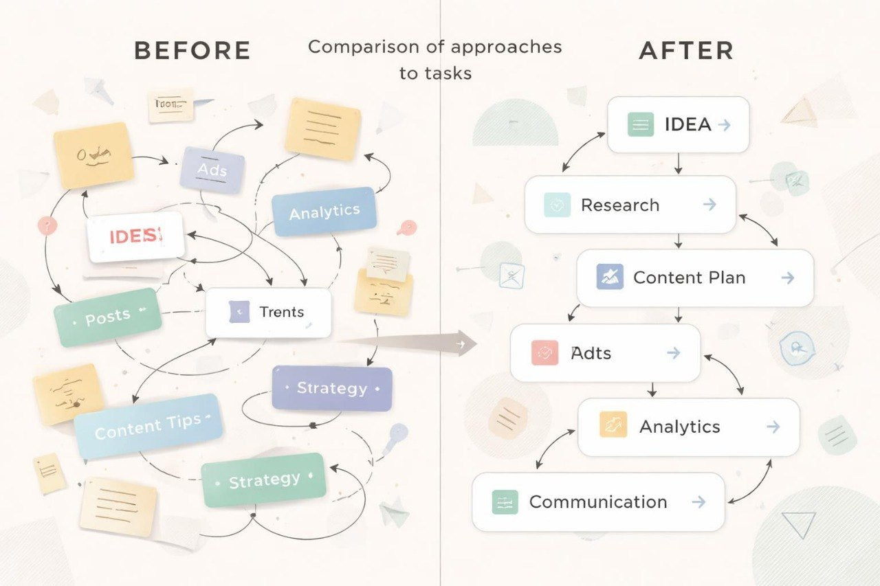 Comparison of approaches to tasks before and after a streamlined process.