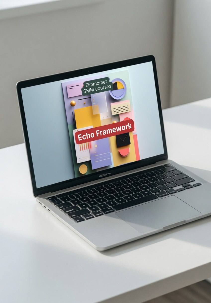 Laptop on a white surface with a screen displaying 'Echo Framework' and 'Zummets SMM courses'.