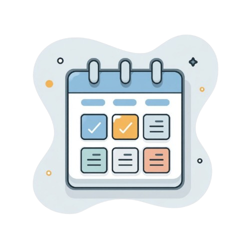 Illustration of a calendar with checkmarks and icons on a white background