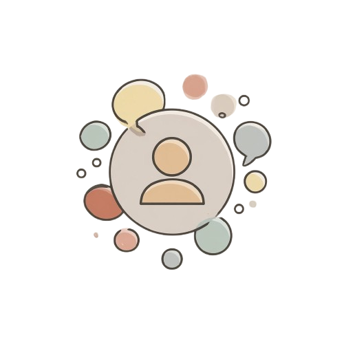 Illustration of a person icon surrounded by speech bubbles on a white background
