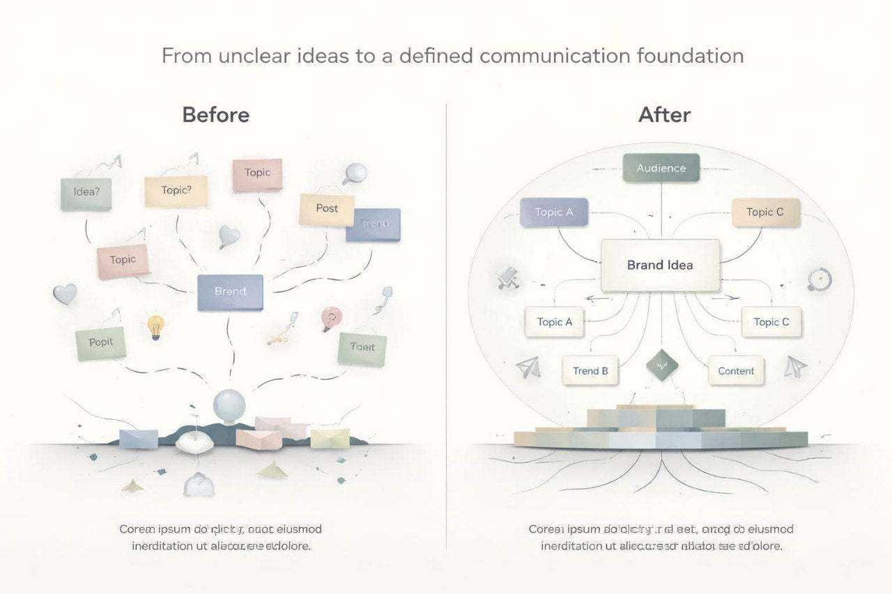 Diagram showing a before and after comparison of unclear ideas to a defined communication foundation.