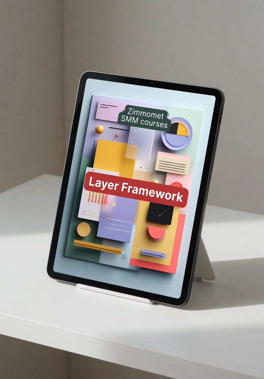 Tablet displaying a colorful interface with text on a white surface