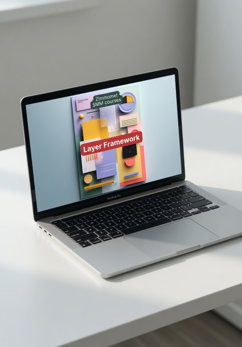 Laptop on a white surface with a colorful interface on the screen