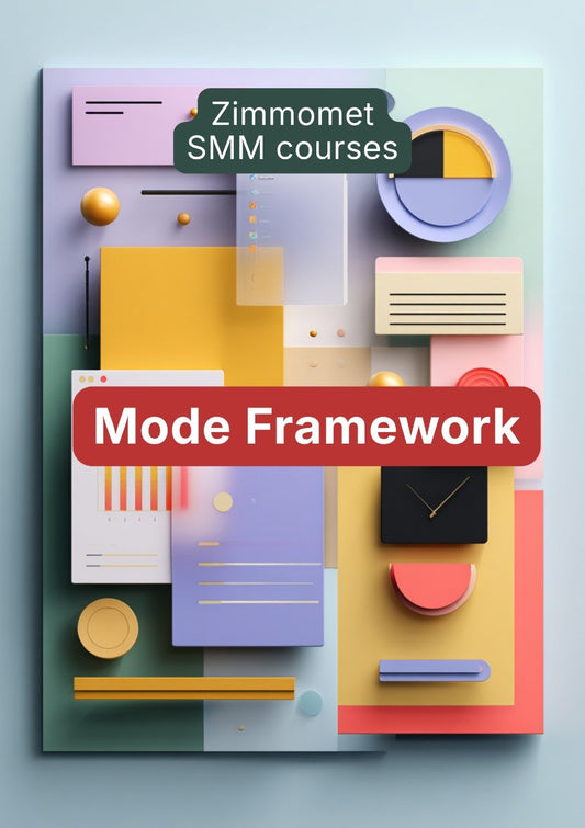 Colorful geometric shapes with 'Zimmomet SMM courses' and 'Mode Framework' text on a light blue background