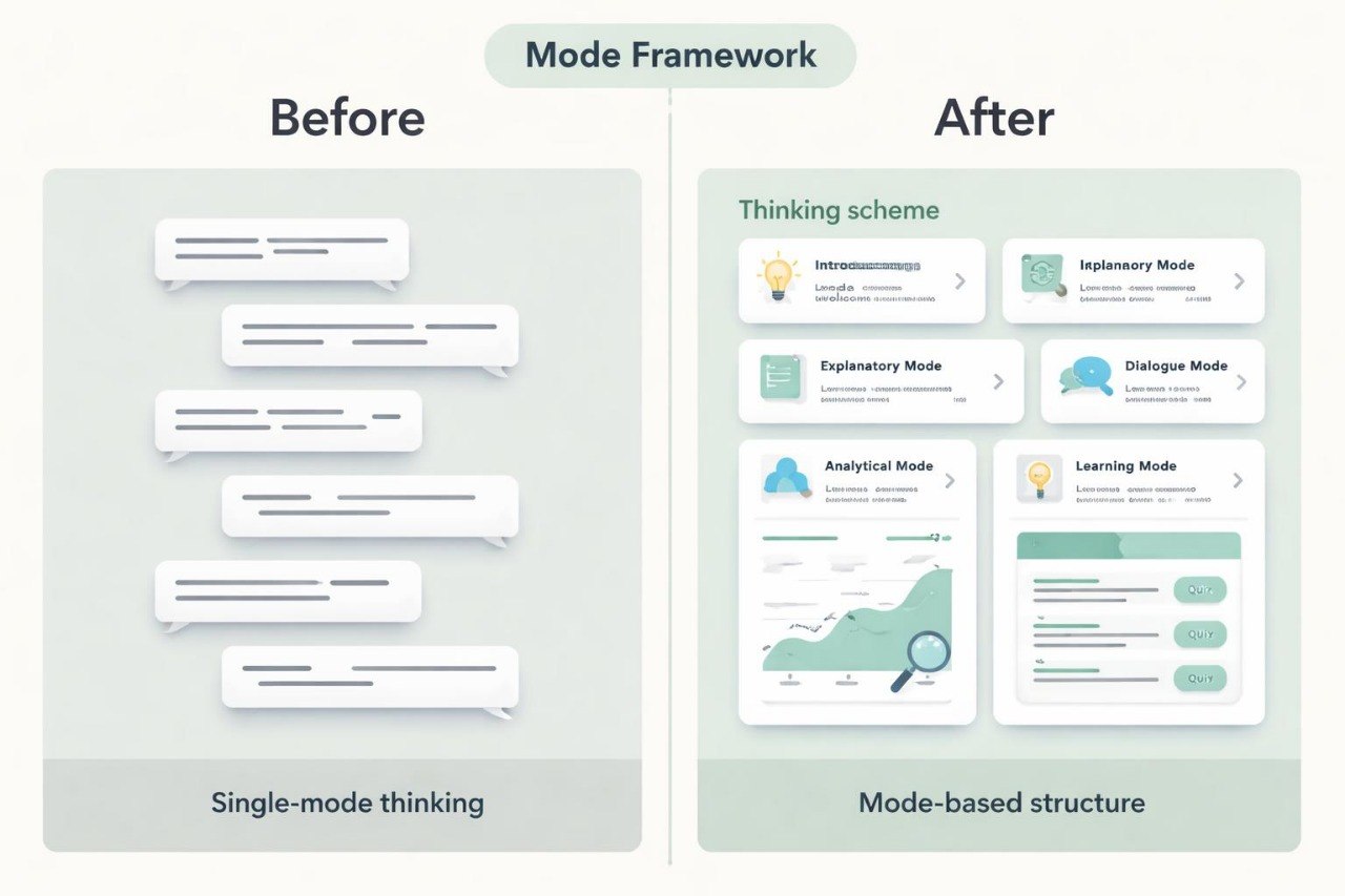 Comparison of 'Before' and 'After' design of a mode framework with thinking schemes.