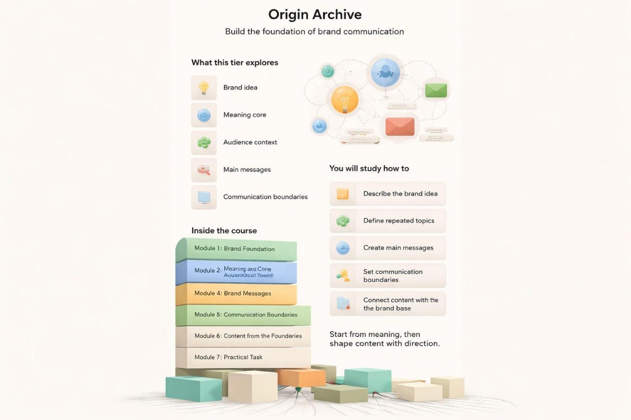 Diagram of a brand communication framework titled 'Origin Archive' on a white background.