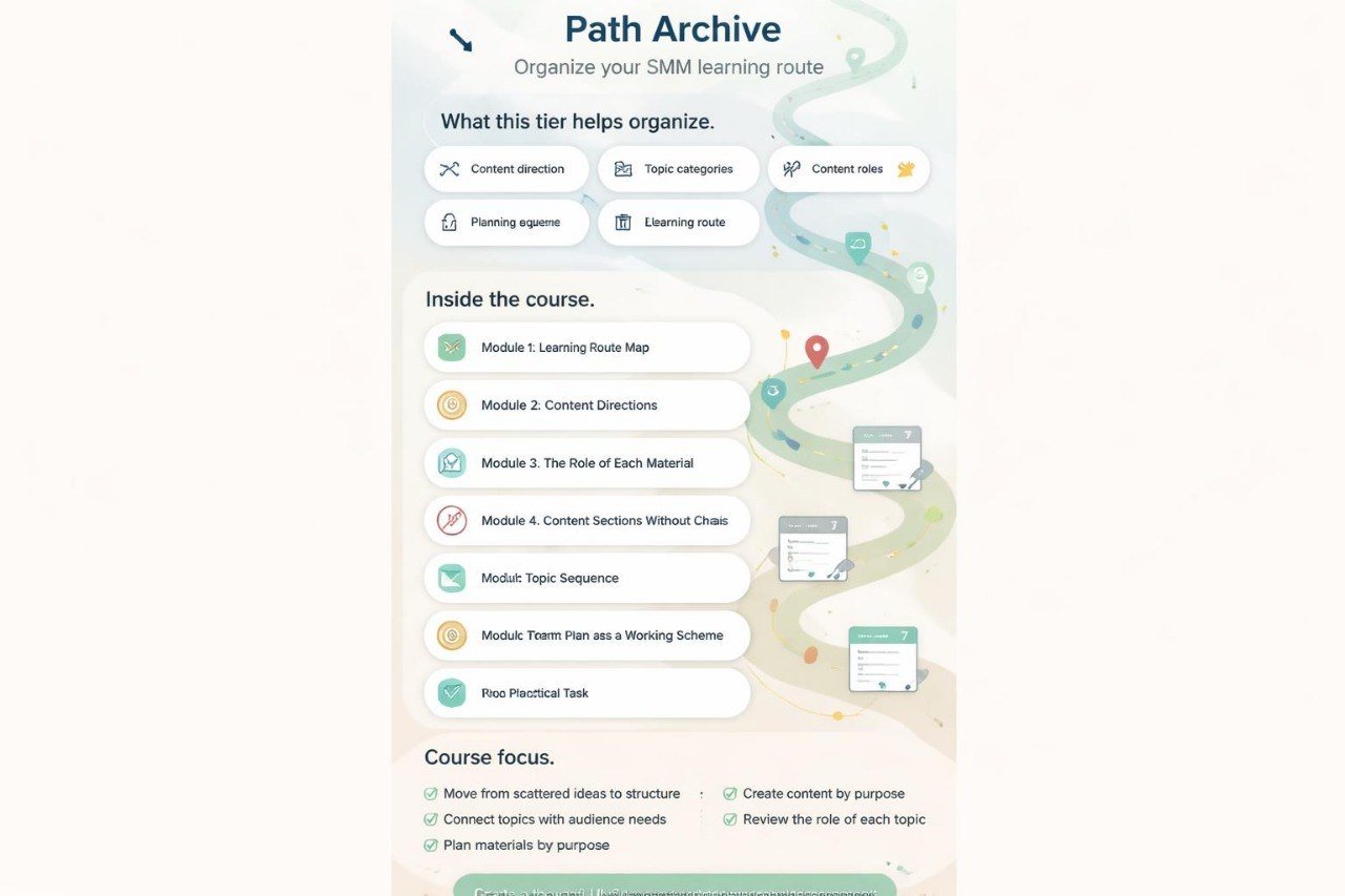 Screenshot of a course outline with modules and topics on a white background