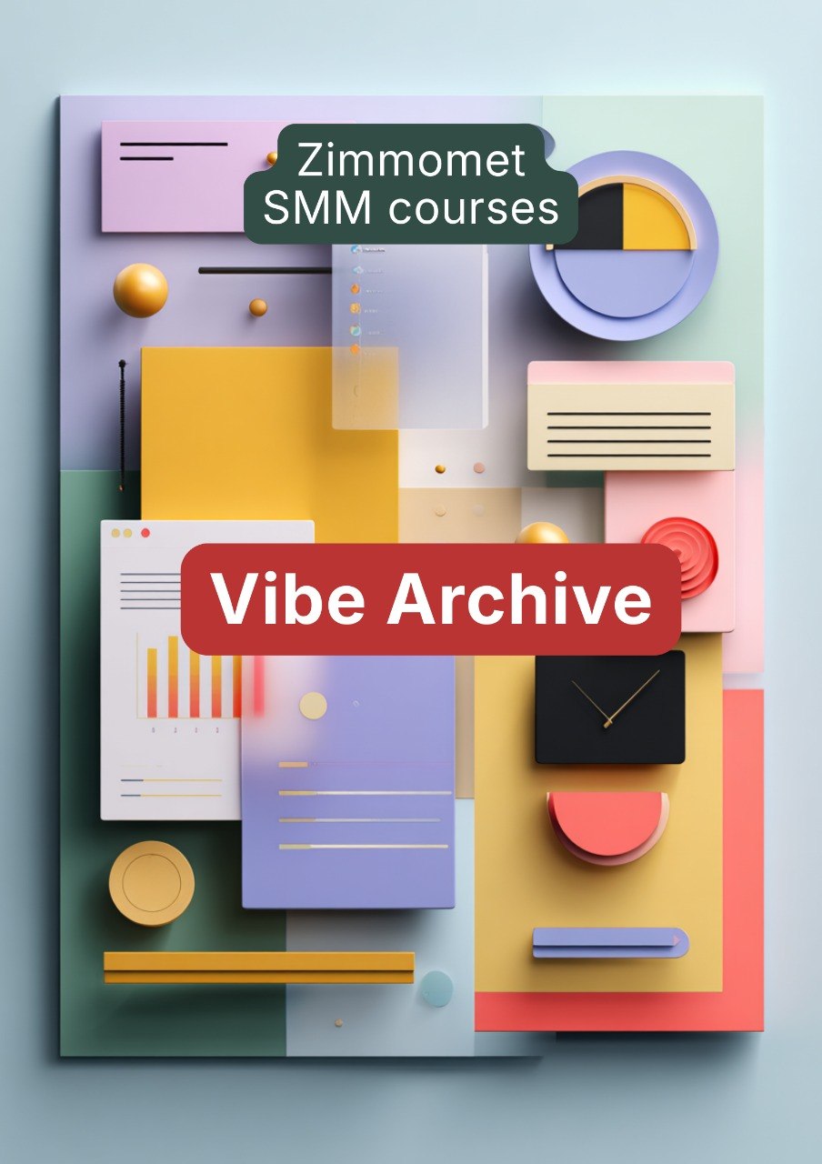 Colorful geometric shapes with 'Vibe Archive' and 'Zimmomet SMM courses' text on a light blue background
