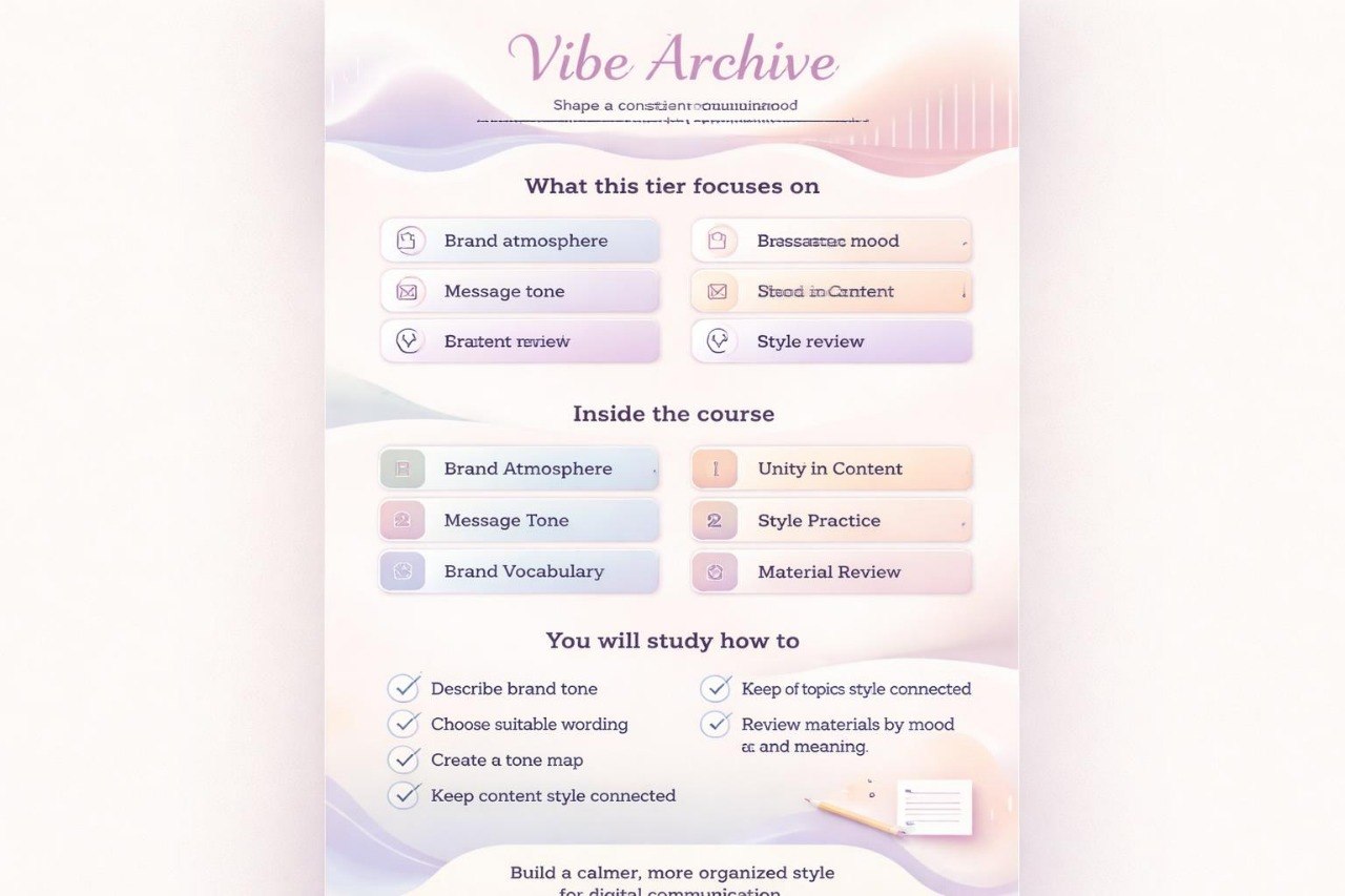 Screenshot of a course outline titled 'Vibe Archive' with sections on brand atmosphere, message tone, and style review.