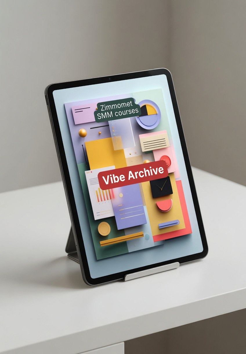 Tablet on a stand displaying colorful app icons with a neutral background